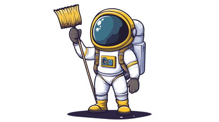 Friendly Astronaut Cartoon Mascot Waving with Broom Character