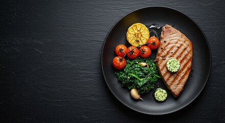 Grilled tuna steak with herb butter spinach cherry tomatoes and garlic on black slate textured background