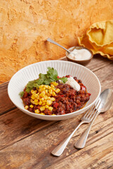 Vegan chili con protein in a bowl