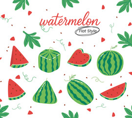 Various unique watermelon shapes and slices. pyramid, cube, heart, triangle