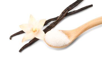 Wooden spoon with vanilla sugar, sticks and flower on white background, closeup