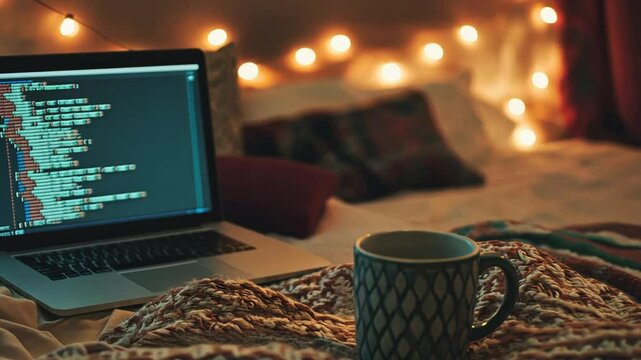 Laptop with code on screen and a mug on a bed.