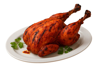 Whole tandoori roasted chicken on a white plate garnished with fresh coriander—perfect for BBQ, menu, or festive food themes. 🍗🔥 Add bold spice and cultural flavor to your visuals!
