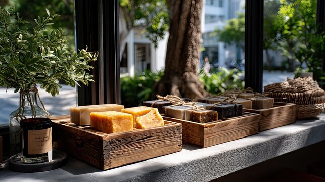 Handmade soaps displayed in shop window, sunlight, city background, retail
