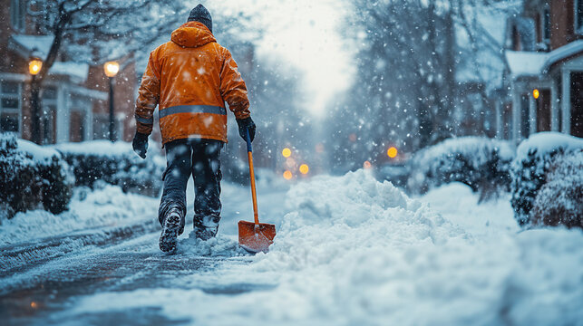 public service worker shoveling snow in urban winter environment 