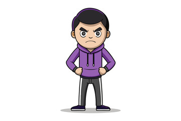 Angry Cartoon Boy: An illustration of an angry cartoon boy with hands on hips, wearing a purple hoodie and grey sweatpants, expressing frustration and displeasure. 