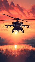 Helicopter Flying Over Water at Sunset with Colorful Sky and Birds