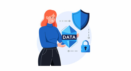 Woman presenting data cube with security shield and padlock icons.