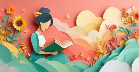 Papercraft illustration depicts woman reading amidst flowers, clouds. Warm colors create peaceful, whimsical scene. Delicate details abound.