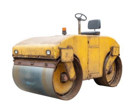 Yellow road roller vehicle, heavy construction equipment with large steel drum, isolated on transparency background, used for asphalt paving and roadwork projects, industrial machinery