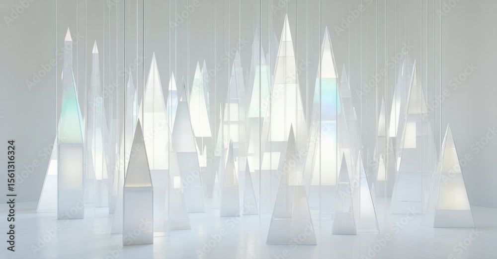 Poster Minimalist installation. Numerous translucent pyramid shapes suspended, creating ethereal, reflective space. Soft lighting enhances visual depth.
