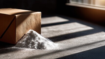 Cardboard box spilling powder, sunlit indoors