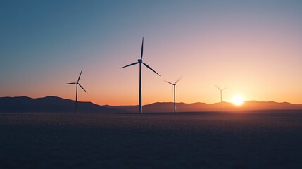 Sunset over a field of wind turbines, clean energy, renewable resources, landscape