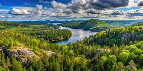 Naklejka premium Panoramic view of vast wilderness with dense forests and rolling hills in Pukaskwa National Park Ontario Canada