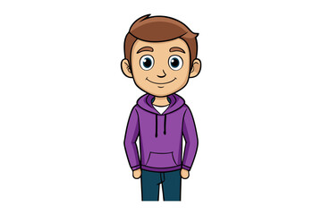 Stylish Teenager in a Hoodie: An illustrated depiction of a young, stylish male teenager stands confidently. He has brown hair and is clad in a comfortable purple hoodie and dark-colored jeans.