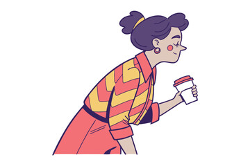 Morning Coffee and Casual Stroll: An artistic rendering of a stylish person enjoying a takeaway coffee as they stroll in a vibrant setting, embodying the essence of urban elegance and relaxed routine.