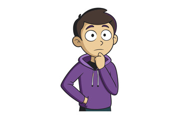 Man contemplating: A thoughtful young man pondering with his hand on his chin, conveying a sense of introspection and decision-making in a stylized illustration.