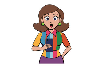 Woman's Surprised Reaction to Mobile Phone: A stylized portrayal of a woman, eyes wide with astonishment, gazing at a mobile phone in her hand.