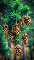 Obraz premium Dense cluster of fragrant pine branches with dark green needles and a few golden cones hanging from the end of each branch