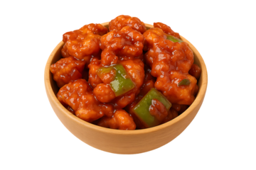 Spicy Indo-Chinese chili chicken with bell peppers in a wooden bowl on white background—perfect for food, menu, or fusion cuisine themes. 🌶️🍗 Add bold taste and vibrant flair to your design!
