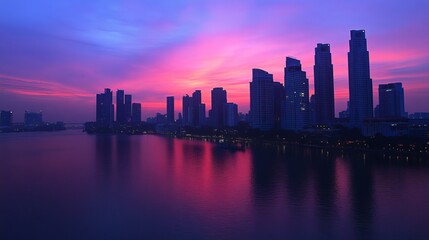 Naklejka premium Vibrant sunset over a cityscape reflected in calm water, showcasing modern architecture at twilight