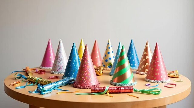 Festive party hats and noisemakers add color to a tabletop in preparation for a cheerful celebration