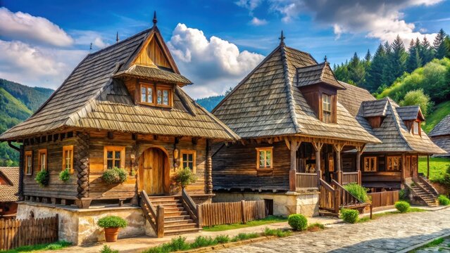 Traditional Romanian wooden houses with steeply pitched roofs and ornate decorations in the village square