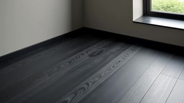 Elegant black hardwood flooring showcases grain and texture in a contemporary space.