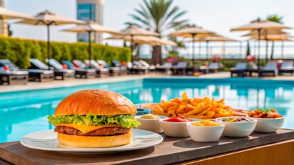 Delicious burger and gourmet sides served by a luxury poolside during sunny afternoon