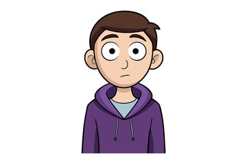 Confused Young Man: A cartoon illustration of a young man with a puzzled expression, wearing a purple hoodie. His wide eyes and slightly downturned mouth convey uncertainty and contemplation.