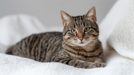 Tabby cat lying on soft white blanket, looking calm and relaxed. Ideal for World Cat Day, pet adoption, or cozy domestic lifestyle themes.