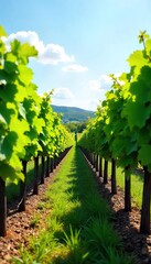 Sun-Drenched Vineyard Rows of Ripe Green Wine Grapes Ready for Harvest