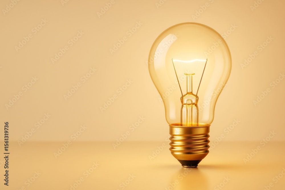Poster Glowing light bulb standing upright on flat surface with warm yellow background representing creative idea and business innovation concept.