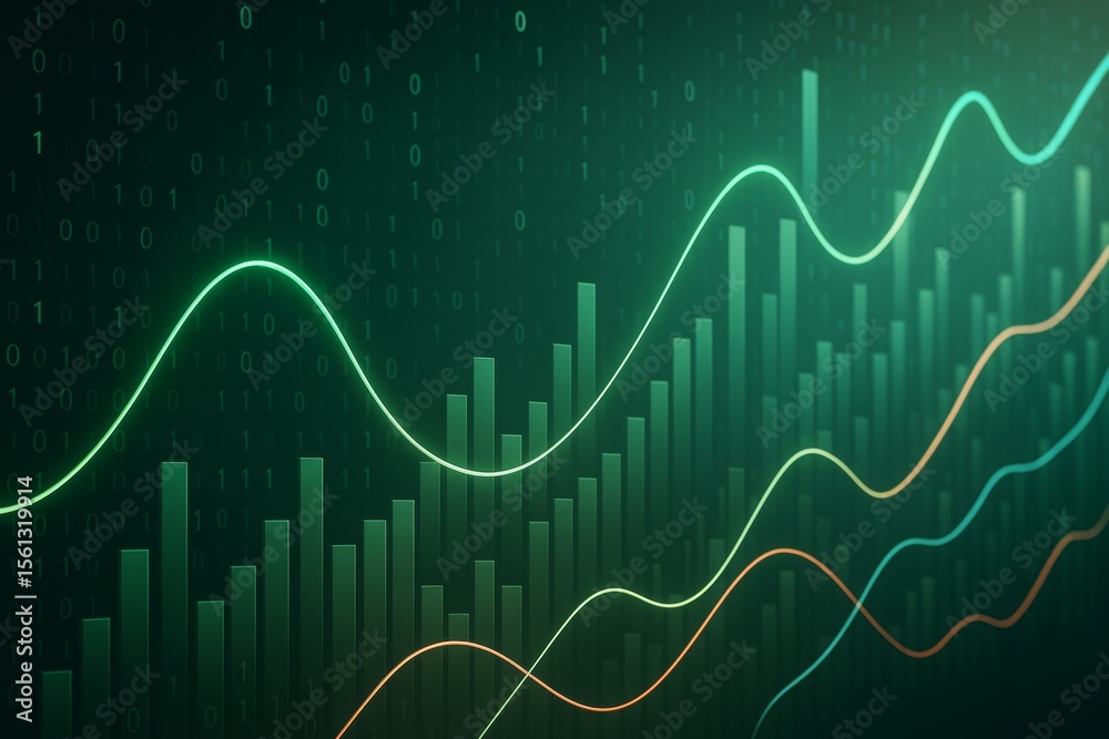 Aufkleber Glowing bar graphs and wave lines on binary code background illustrating futuristic business data analysis concept with vibrant light effects.