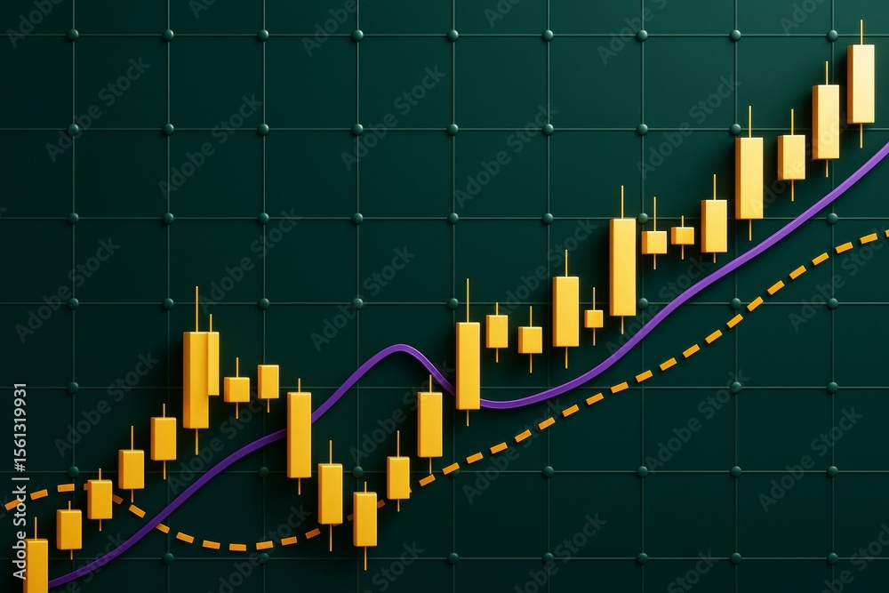 Poster 3D chart showing rising candlestick graph with trend lines on dark grid background for financial business and market data analysis concept.