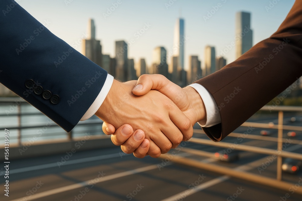 Poster business handshake between two professionals in suits with cityscape background in warm light symbol