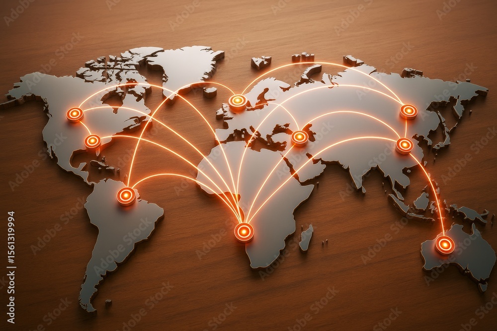 Poster world map with glowing connection lines symbolizing global business network on wooden background, fu