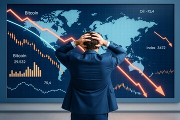 Businessman holding head in front of stock market crash chart with falling indicators and world map background in abstract financial scene.