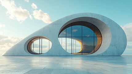 Fototapeta premium Modern concrete building overlooking ocean at sunrise