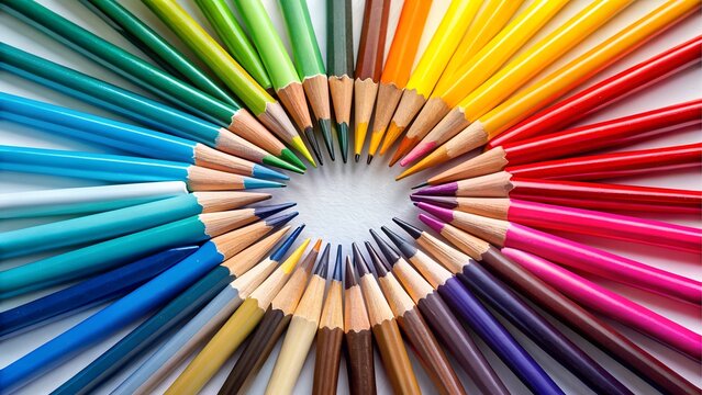 A vibrant array of colored pencils arranged in a circle, creating a rainbow effect