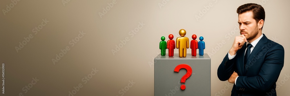 Poster businessman thinking about recruitment choice with colorful human figures and question mark on abstr