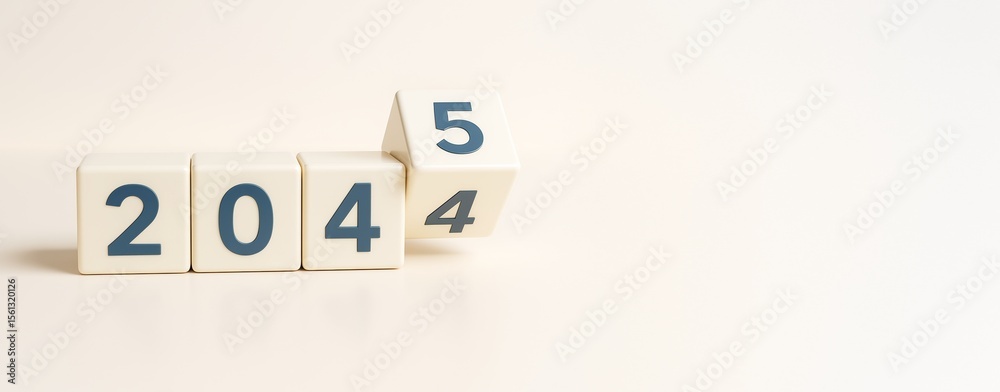Poster White cubes with changing numbers from 2024 to 2025 on a clean light background, symbolizing new year or future transition concept.