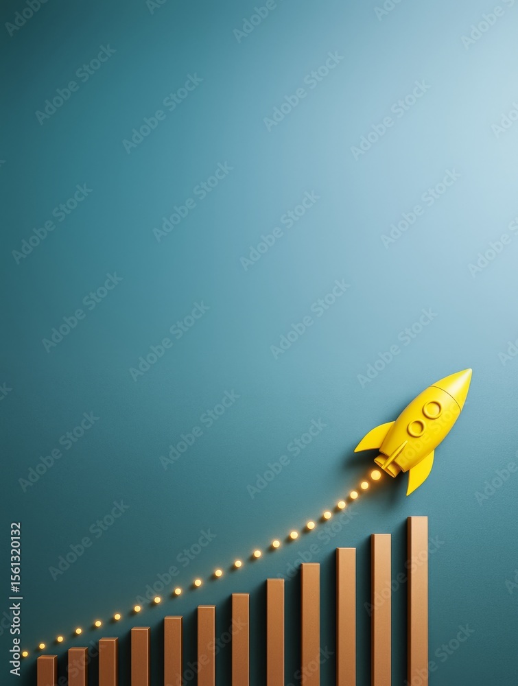 Poster Yellow rocket launching above rising bar chart on blue background representing business growth and success with clean copy space for design.