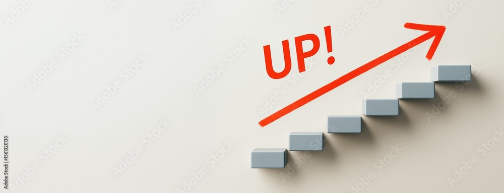 Poster Abstract concept showing upward growth with 3D staircase blocks and red arrow labeled UP on clean light background for business promotion template.