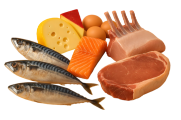 Assorted protein-rich foods including fish, salmon, steak, lamb, cheese, and eggs on white background—ideal for health, keto, or diet themes. 🍖🐟🧀 Power your visuals with nutrition!
