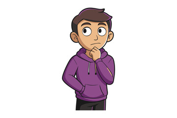 Thoughtful Young Man: A cartoon illustration of a young man in a purple hoodie, deep in thought, hand resting thoughtfully on his chin.  