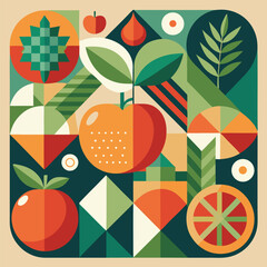 Abstract geometric pattern of farm food. Stylized poster with fruit and vegetables. Agriculture plants in cubism style. Contemporary art of healthy, natural, organic products. Flat vector illustration