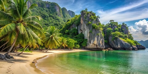 Sandy beach with palm trees and clear blue waters