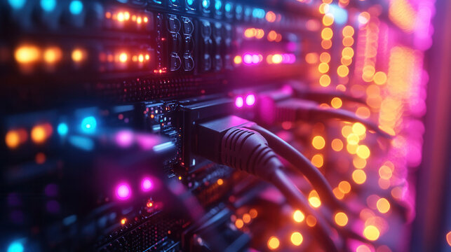 close-up of ethernet cables connected to servers with blinking led indicators, complex networking setup