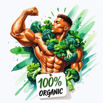 Muscular Asian Man Celebrating Healthy Eating with Broccoli and Organic Label